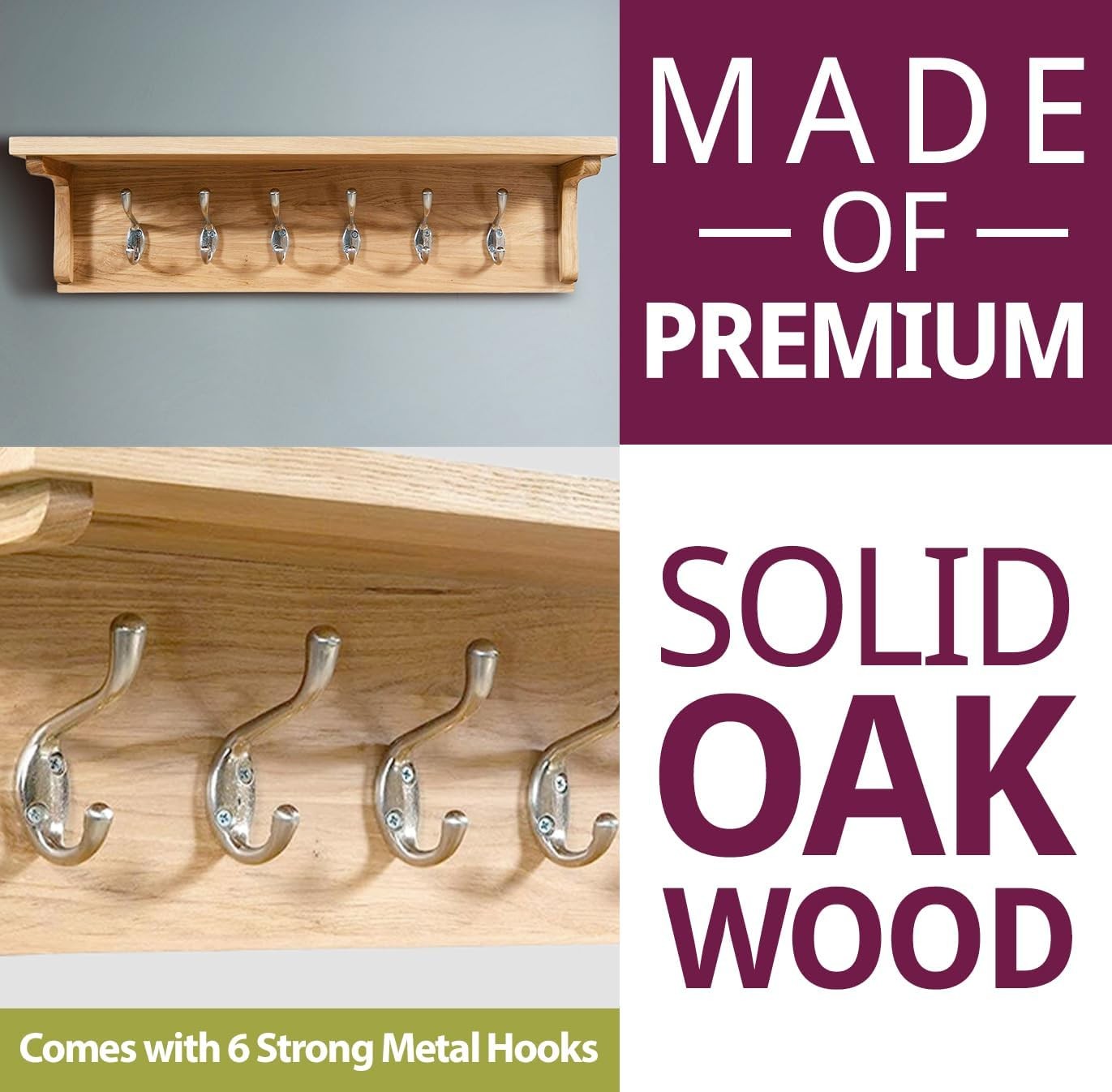 Solid Oak Wall Coat Rack with Shelf | 6 Metal Hooks for Hallway & Entryway