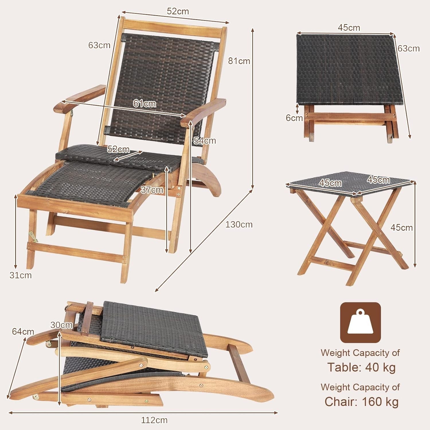 Rattan Sun Lounger Chair Folding Armchair with Footrest & Side Table