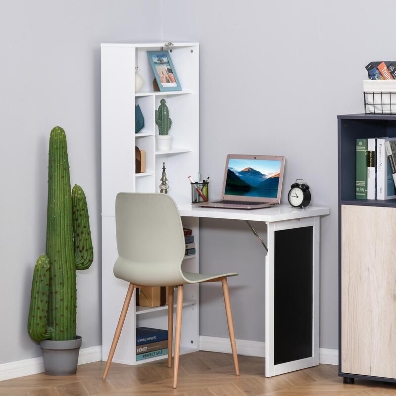Folding Wall Desk with Shelves & Blackboard – Space Saving Home Office Unit