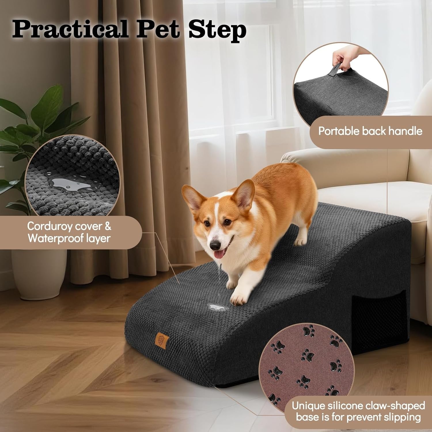 2 Step Dog Ramp for Sofa Bed Non Slip Washable Black 55x40x30cm