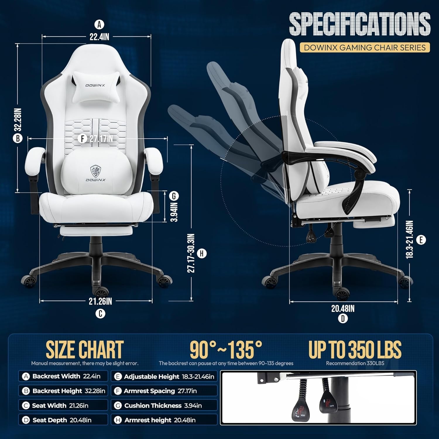 Heated Massage Gaming Chair Recliner Footrest Ergonomic White