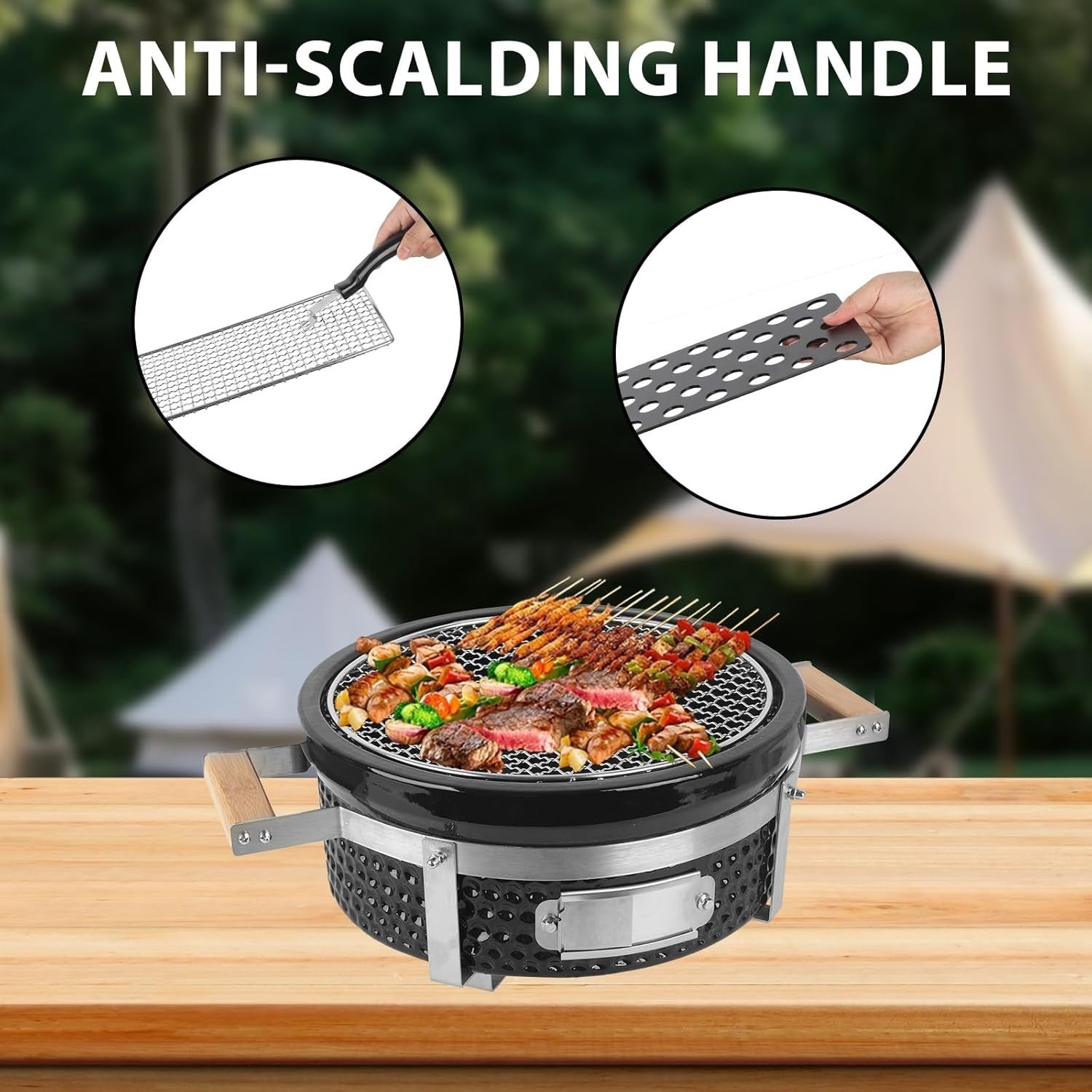 Portable Round Charcoal BBQ Grill Ceramic Tabletop Stove Outdoor Camping Patio
