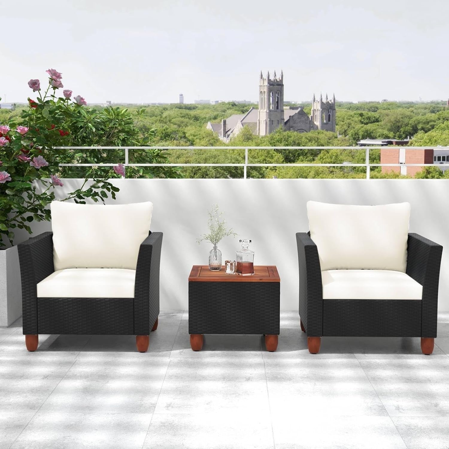 Outdoor Rattan Bistro Set 3 Piece Patio Chairs with Storage Table & Cushions