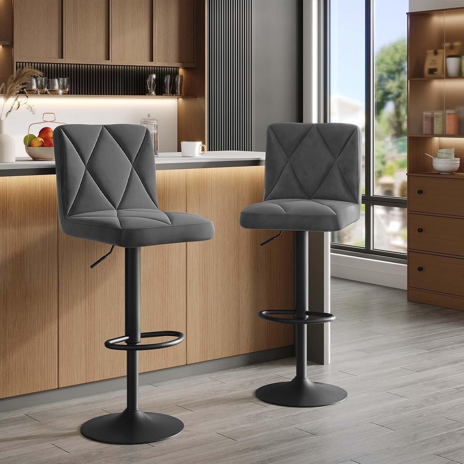 Adjustable Swivel Bar Stools Set of 2 – Soft Flannel, Metal Frame, 60-80cm