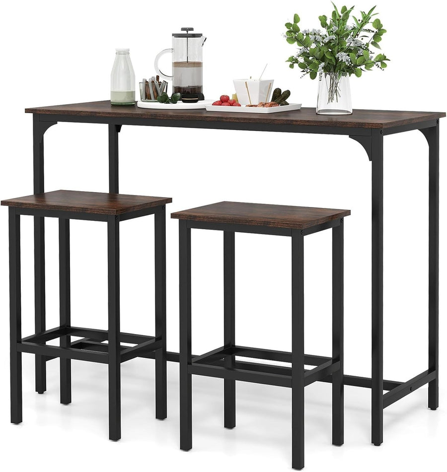 3PCS Coffee+Black Bar Table Set with 2 Stools, Metal Frame Dining Set Furniture