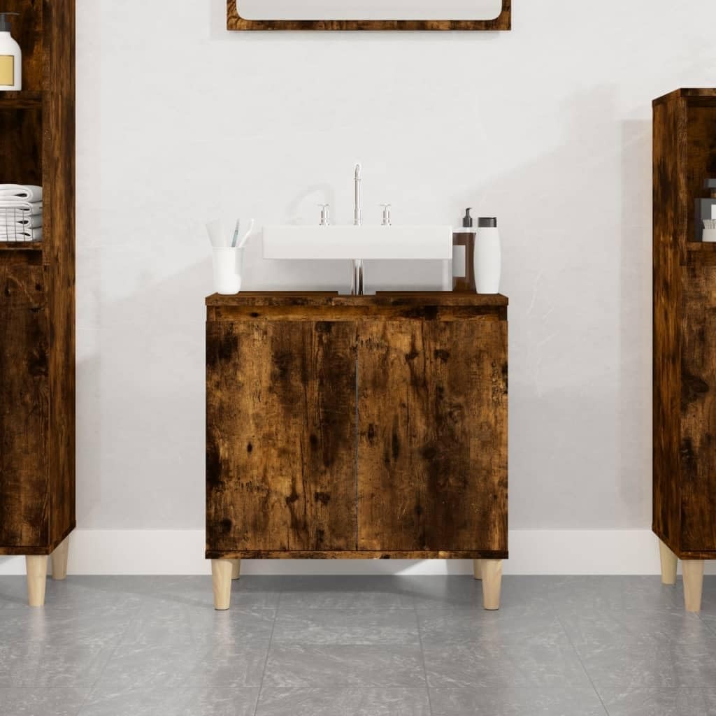 Smoked Oak Under Sink Bathroom Cabinet – Modern Vanity Storage Unit 58x33x60cm