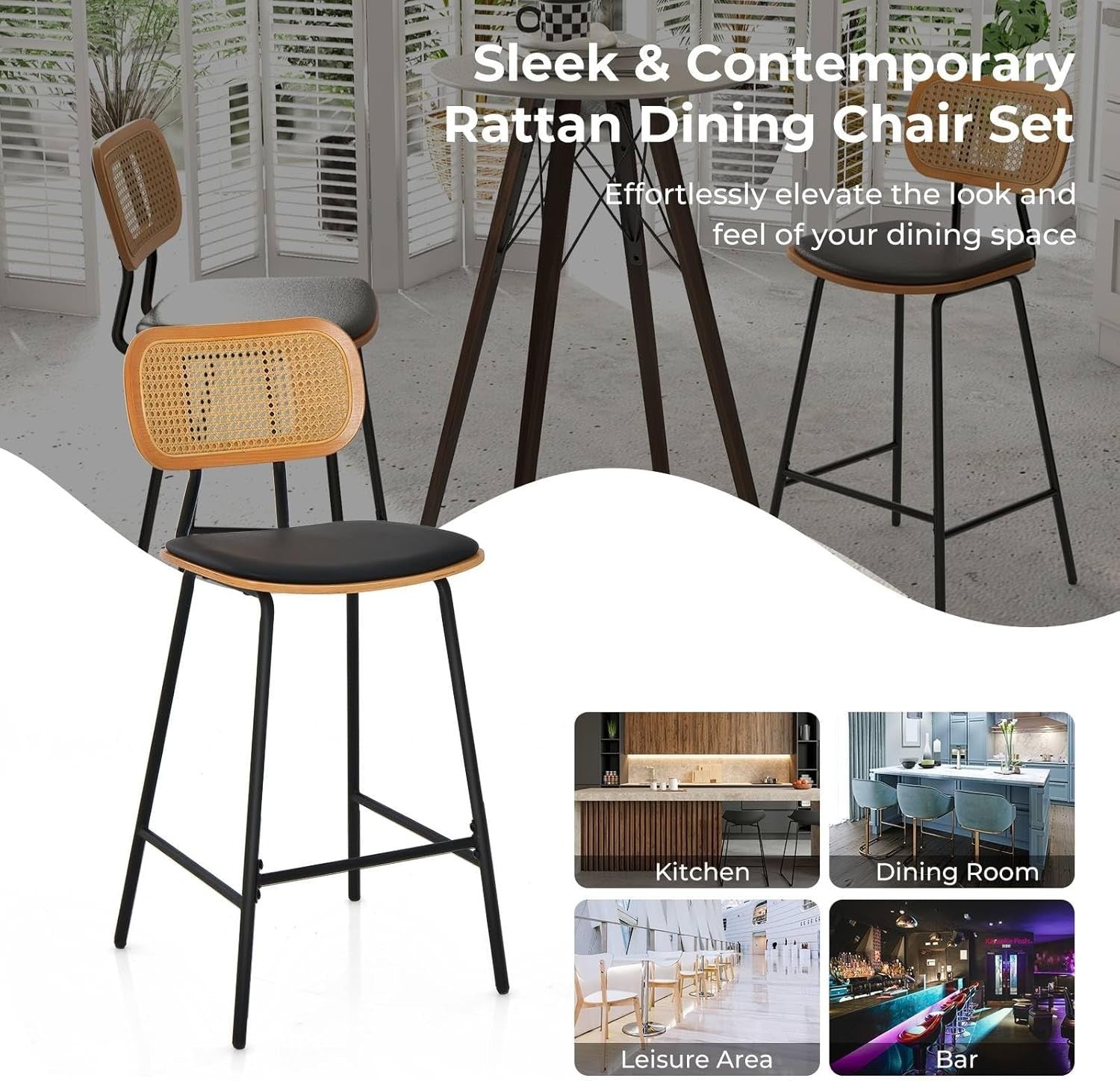 Bar Stools Set of 2 Black PU Leather Rattan Back Counter Chairs