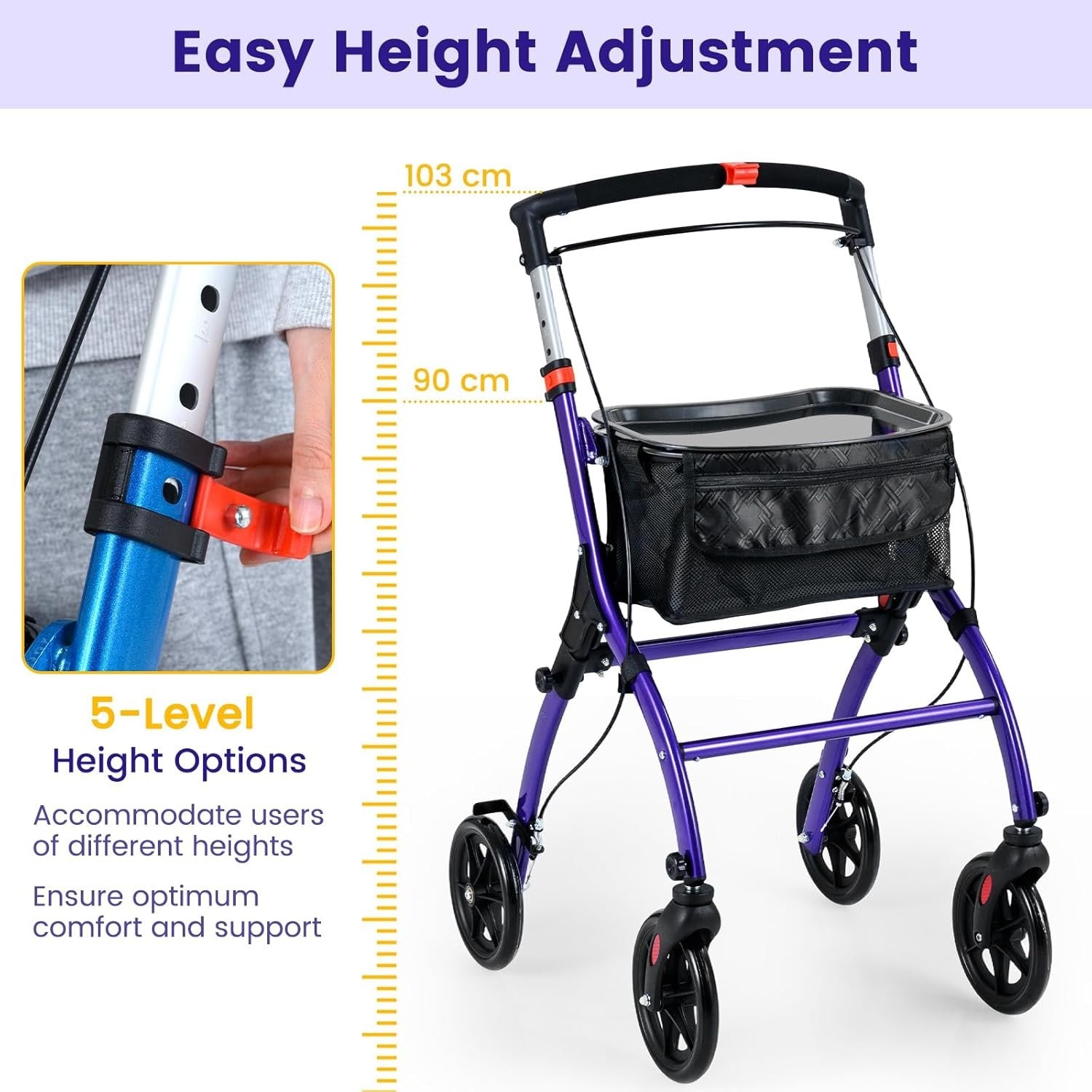 Lightweight Folding Rollator Walker 4 Wheel Basket Brakes Narrow Purple