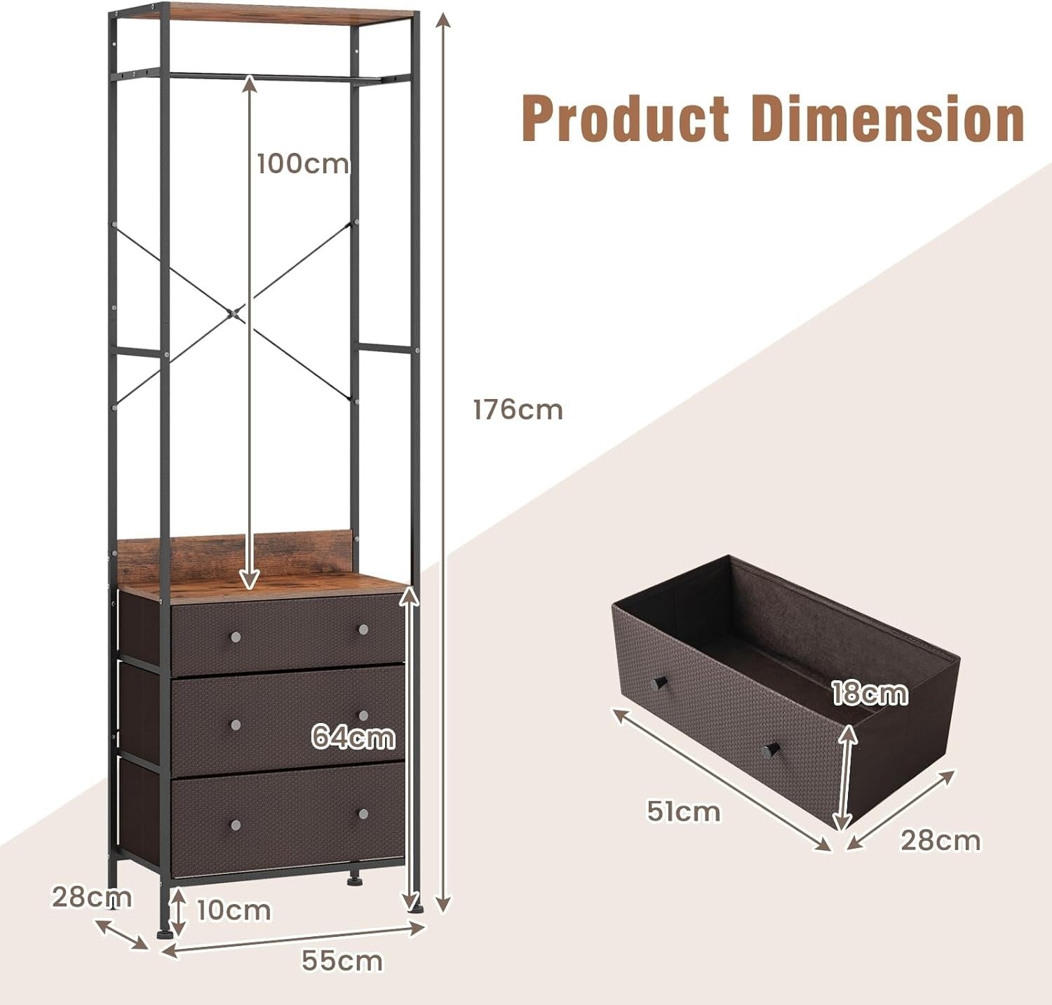 Clothes Rail with 3 Drawers 3-Level Hanging Shelf Brown