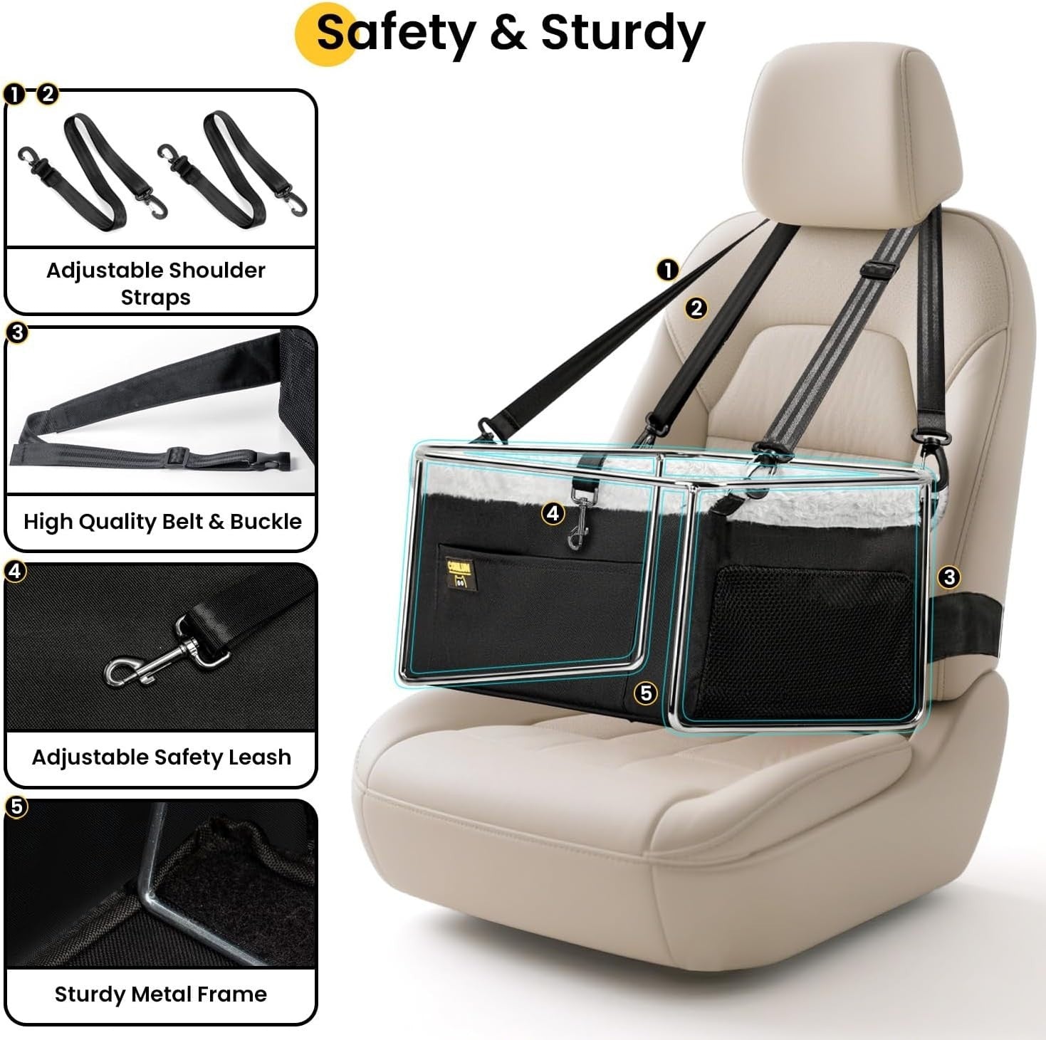 Elevated Dog Car Seat Booster Bed Small Dogs Safety Tether Travel Seat