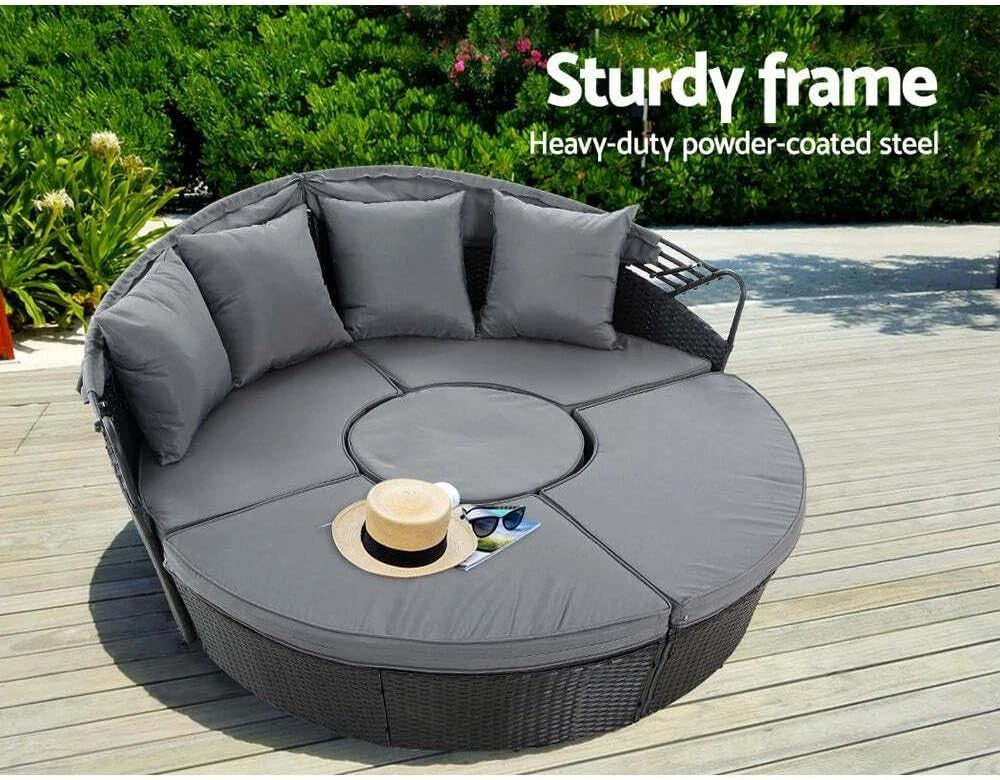 5 Piece Outdoor Rattan Day Bed Set with Retractable Canopy & Cushions
