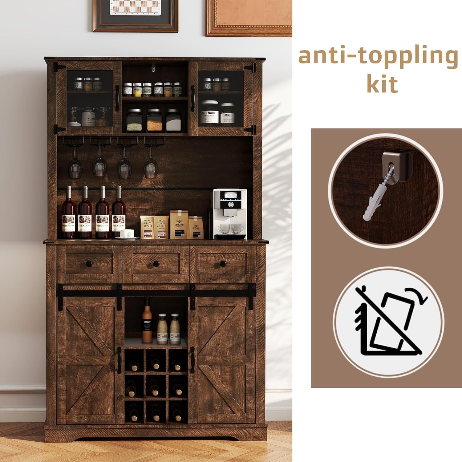 184cm Tall Kitchen Cupboard Brown | 4-Door Wine Rack Sideboard