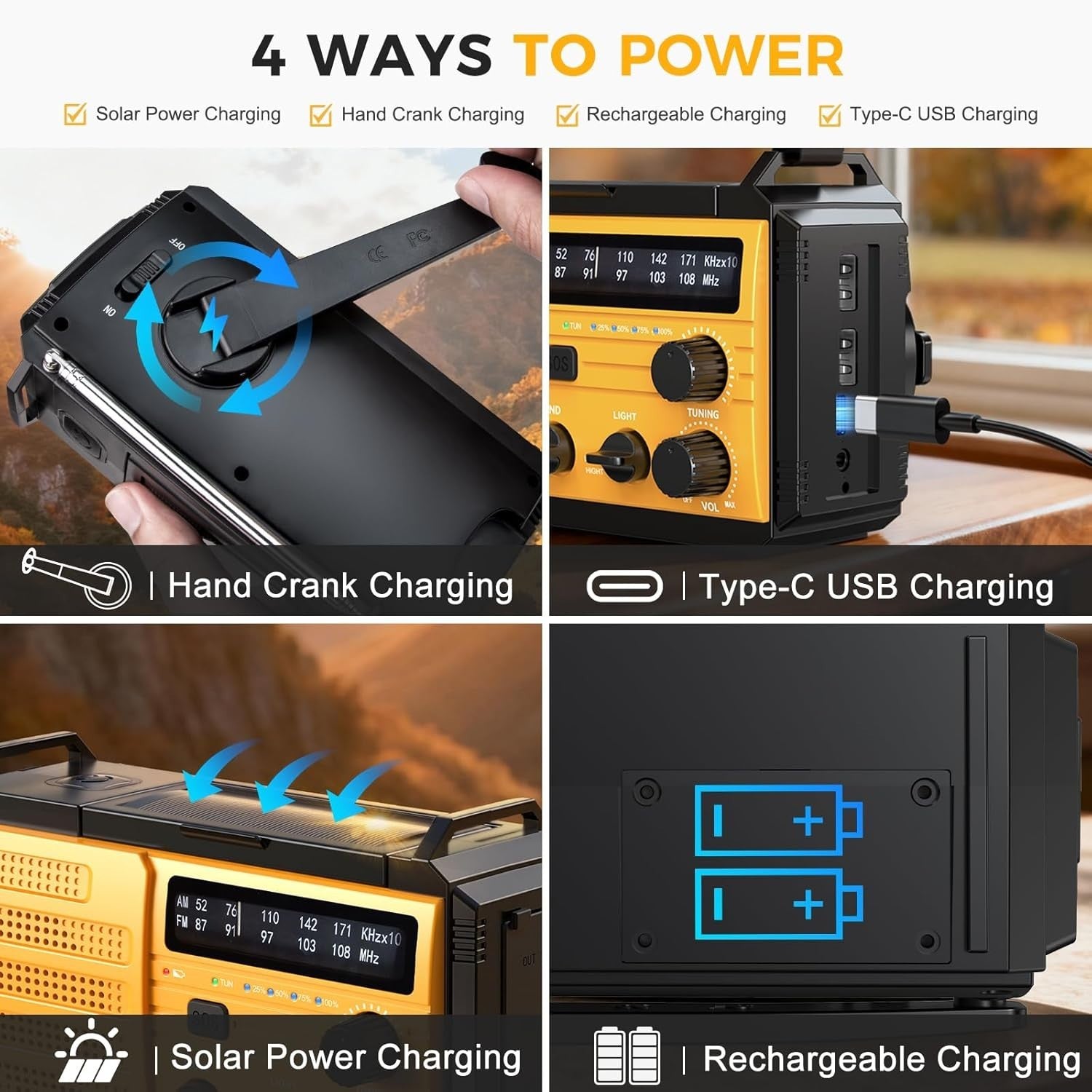 8000mAh Emergency Wind Up Radio Solar AM/FM USB Charger SOS