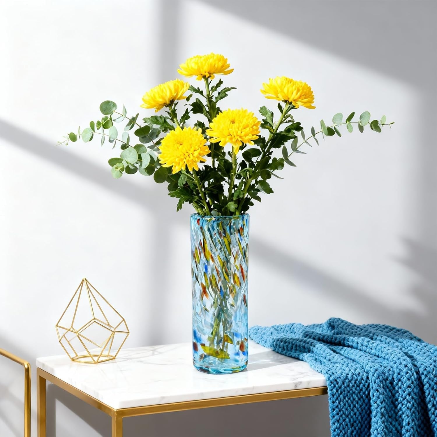 Hand Blown Aqua Glass Vase 24cm Tall Modern Flower Centerpiece Decor