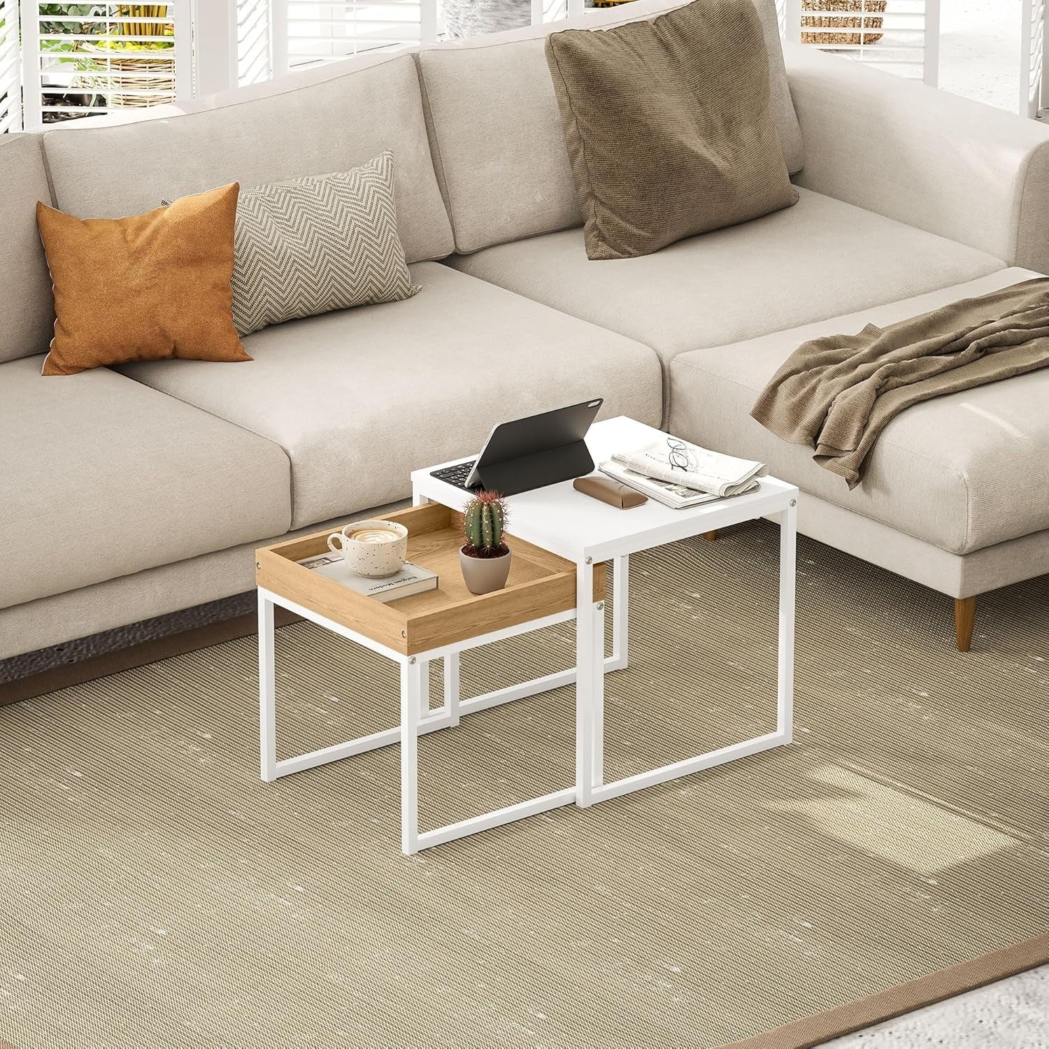 Modern Nesting Coffee Table Set Wood White Square Side End Tables Storage Tray T
