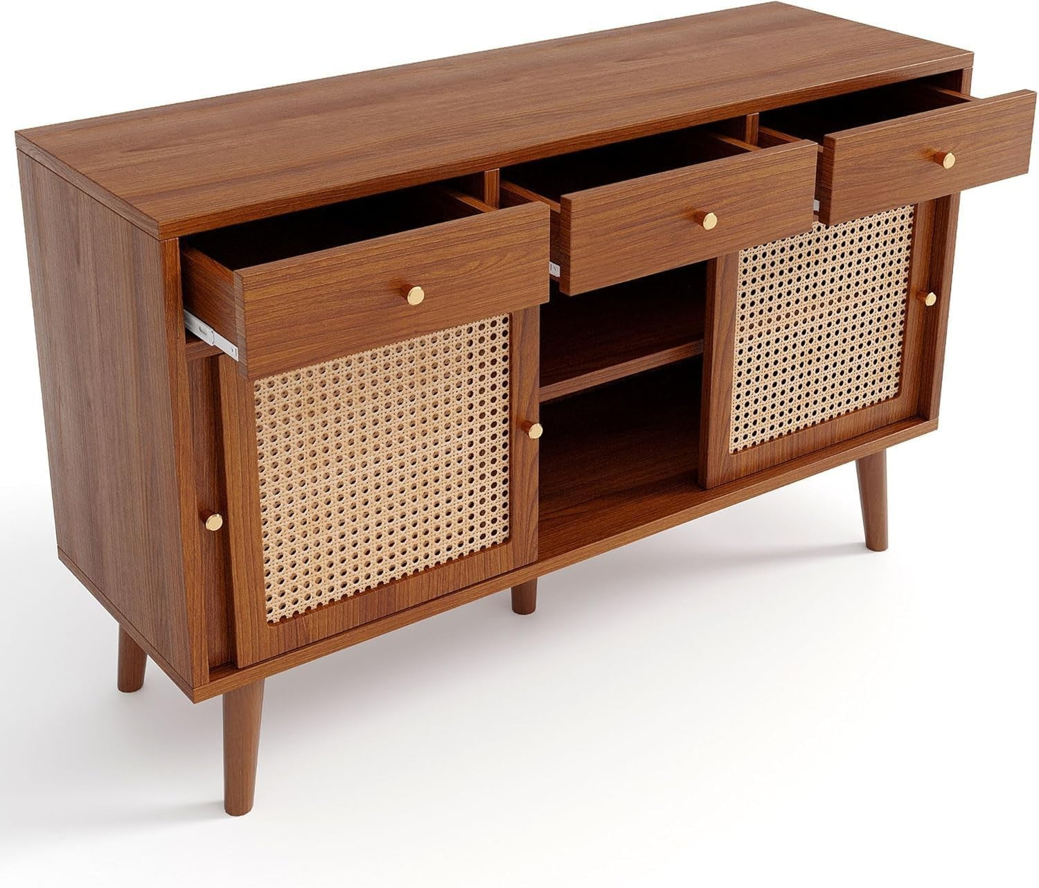 Modern Rattan Sideboard Cabinet 3 Drawers 2 Doors Walnut Storage Unit