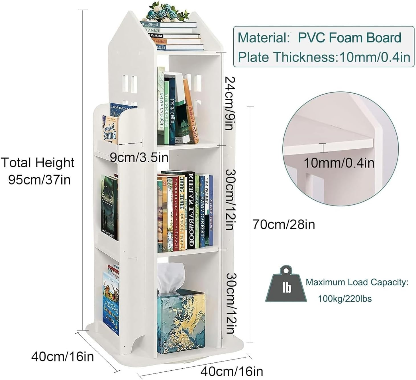 360° Rotating 3-Tier Kids Bookshelf – House Shape, Space Saving Storage