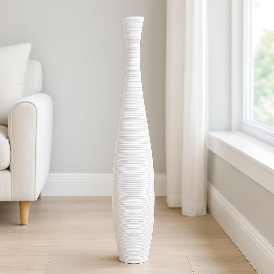 Large White Curved Floor Vase 65cm Tall Wooden Decor for Pampas Grass
