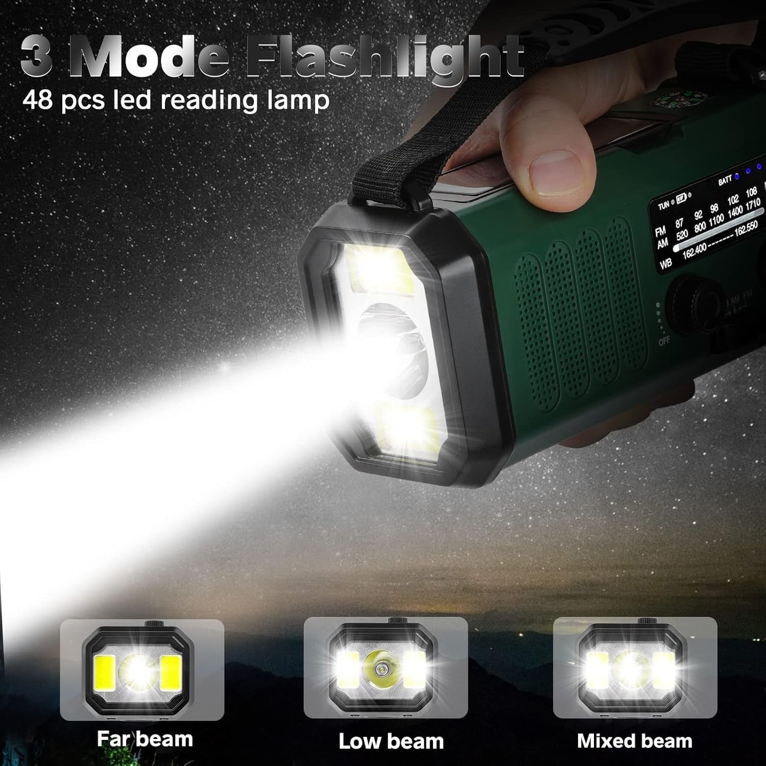 Emergency Crank Radio 10000mAh Solar, USB-C, NOAA, LED Flashlight