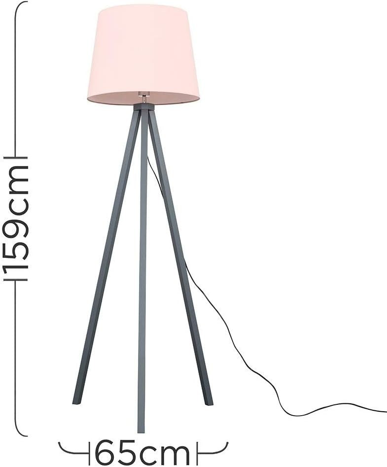 Grey Wooden Tripod Floor Lamp Pink Tapered Shade Living Room Light