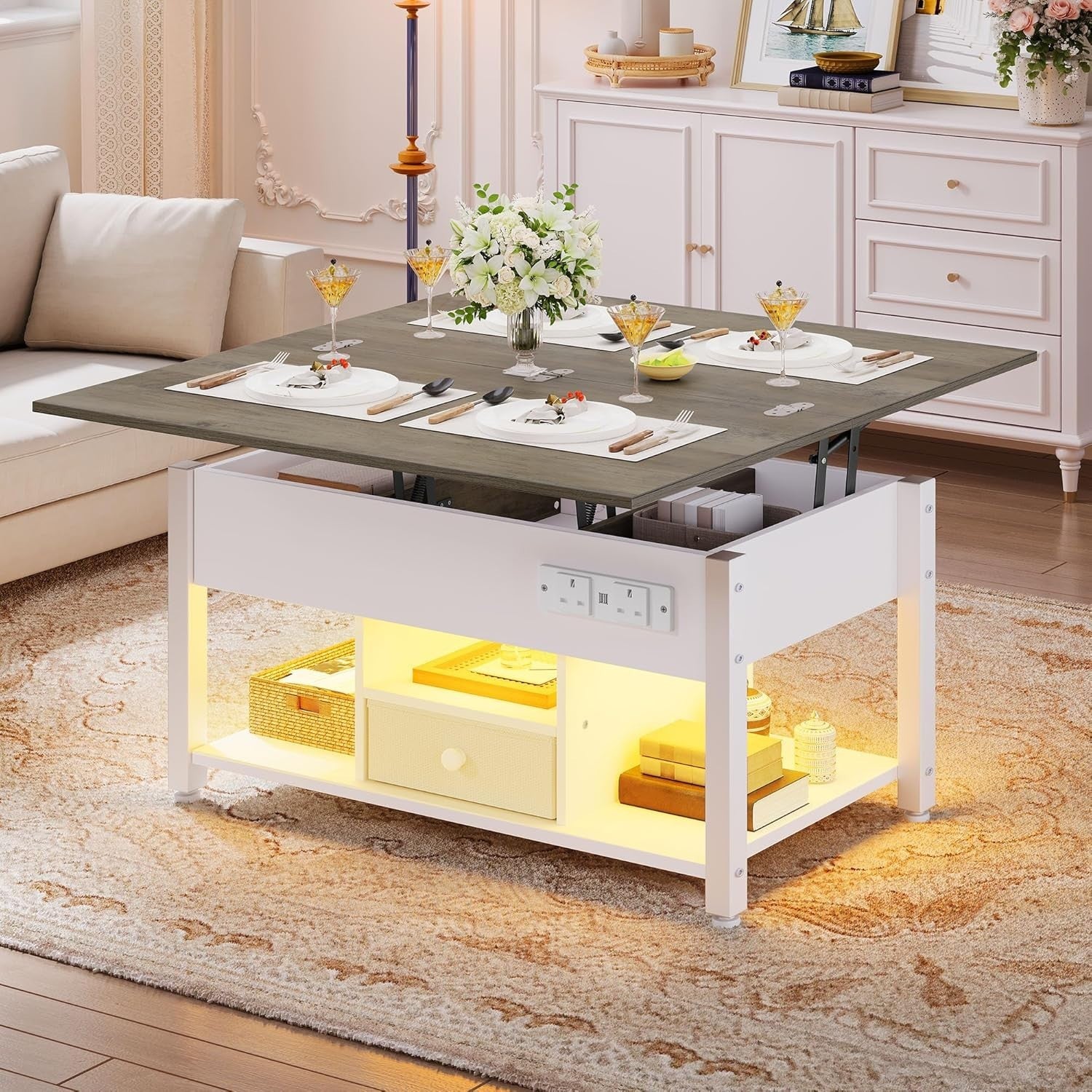 Lift Top Coffee Table with Storage, LED Lights, USB & Outlets, White Grey