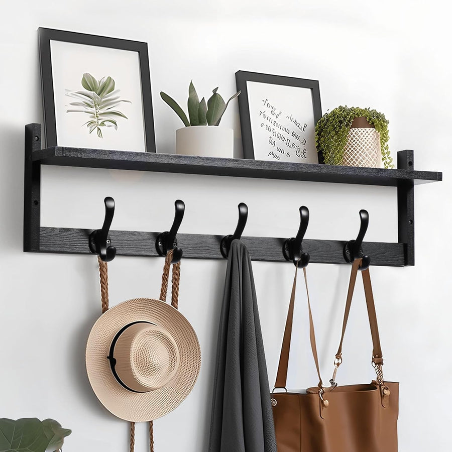 29” Black Wall Mounted Coat Rack with Shelf | 5 Hooks Rustic Entryway