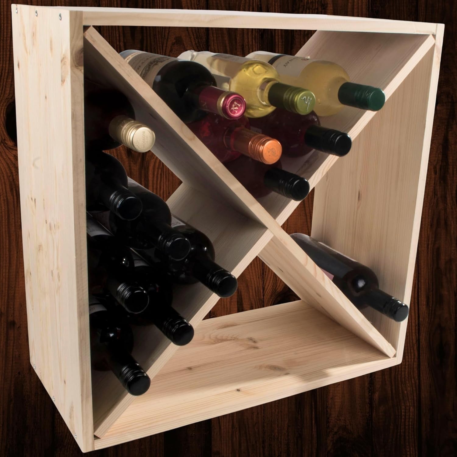 24 Bottle Wooden Wine Rack Solid Pine Freestanding Cube Storage Shelf Rustic