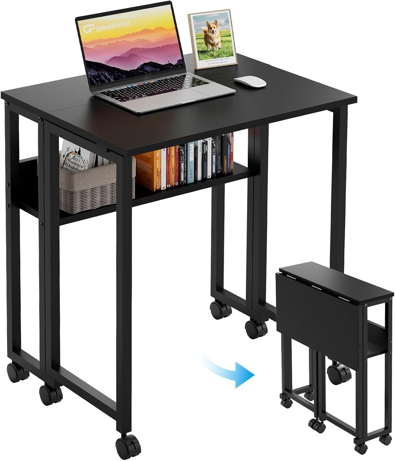 Folding Computer Desk 63cm with Storage Shelf Rolling Home Office Table