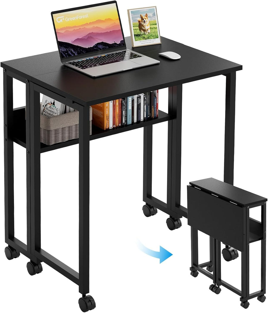 Folding Computer Desk 63cm with Storage Shelf Rolling Home Office Table