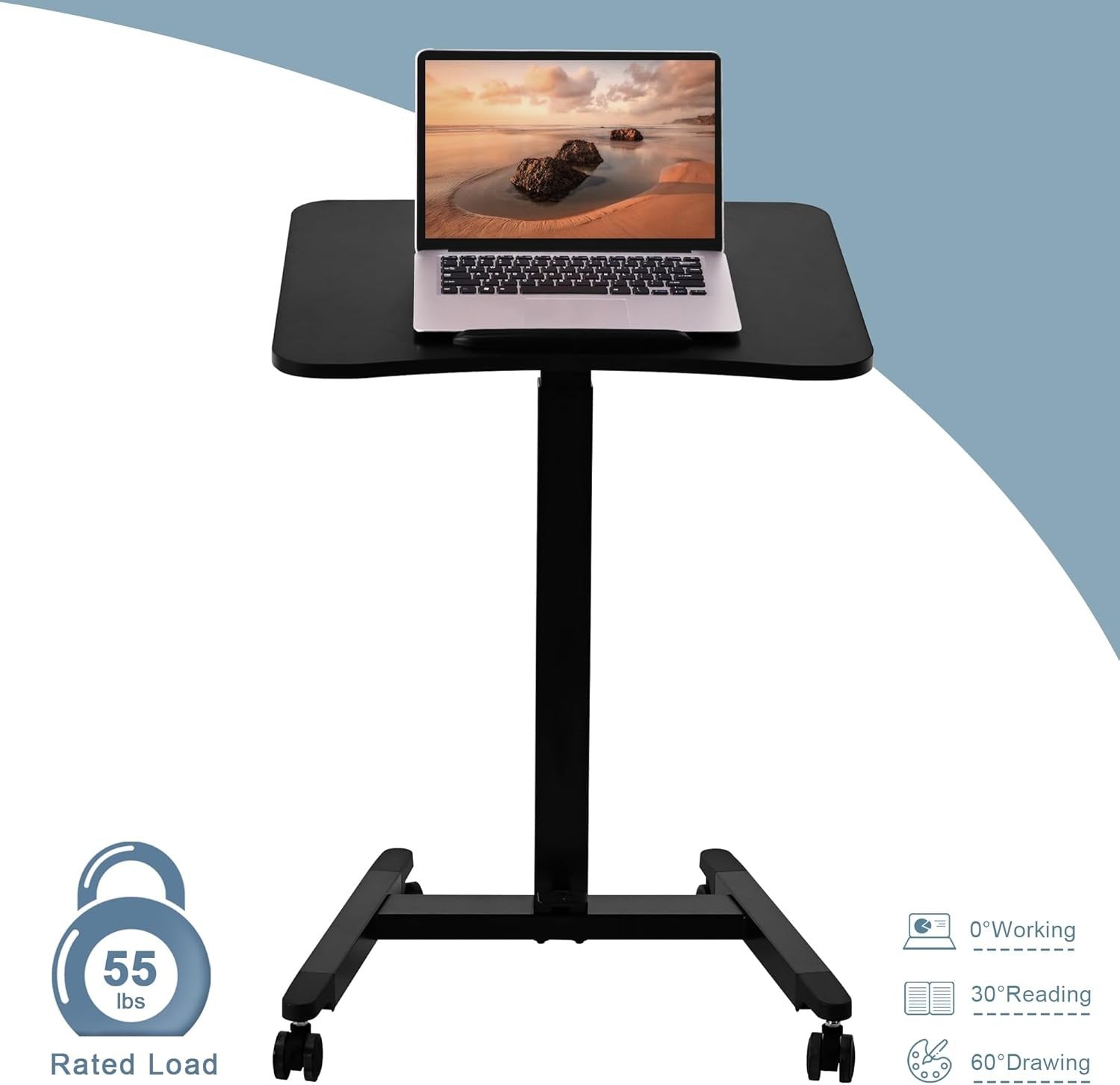 Height Adjustable Overbed Laptop Desk with Wheels, Pneumatic Lift, Bed Sofa Tabl