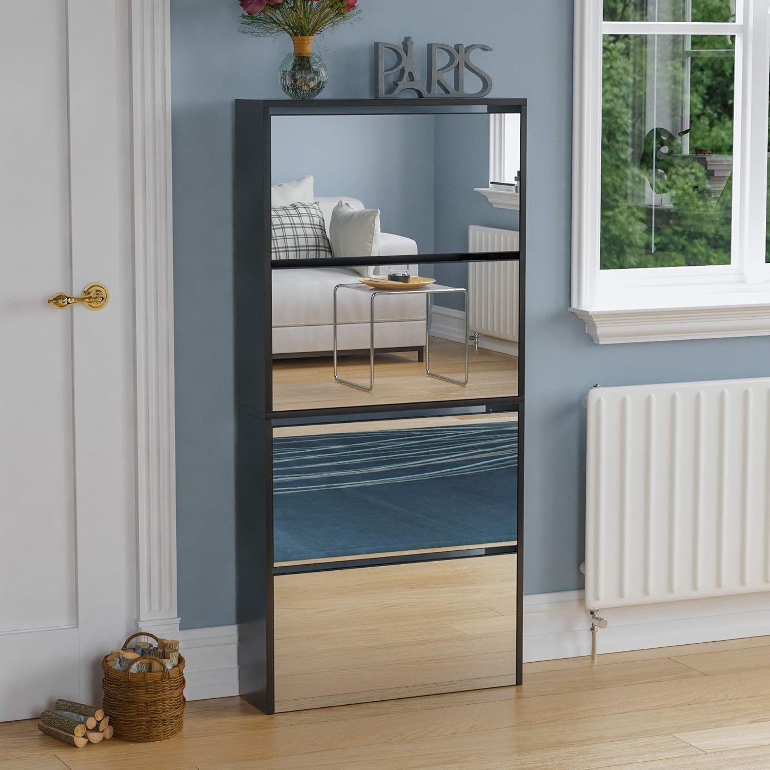 Mirrored Shoe Cabinet Black | 4 Drawer Slim Storage Unit 63x17x134cm