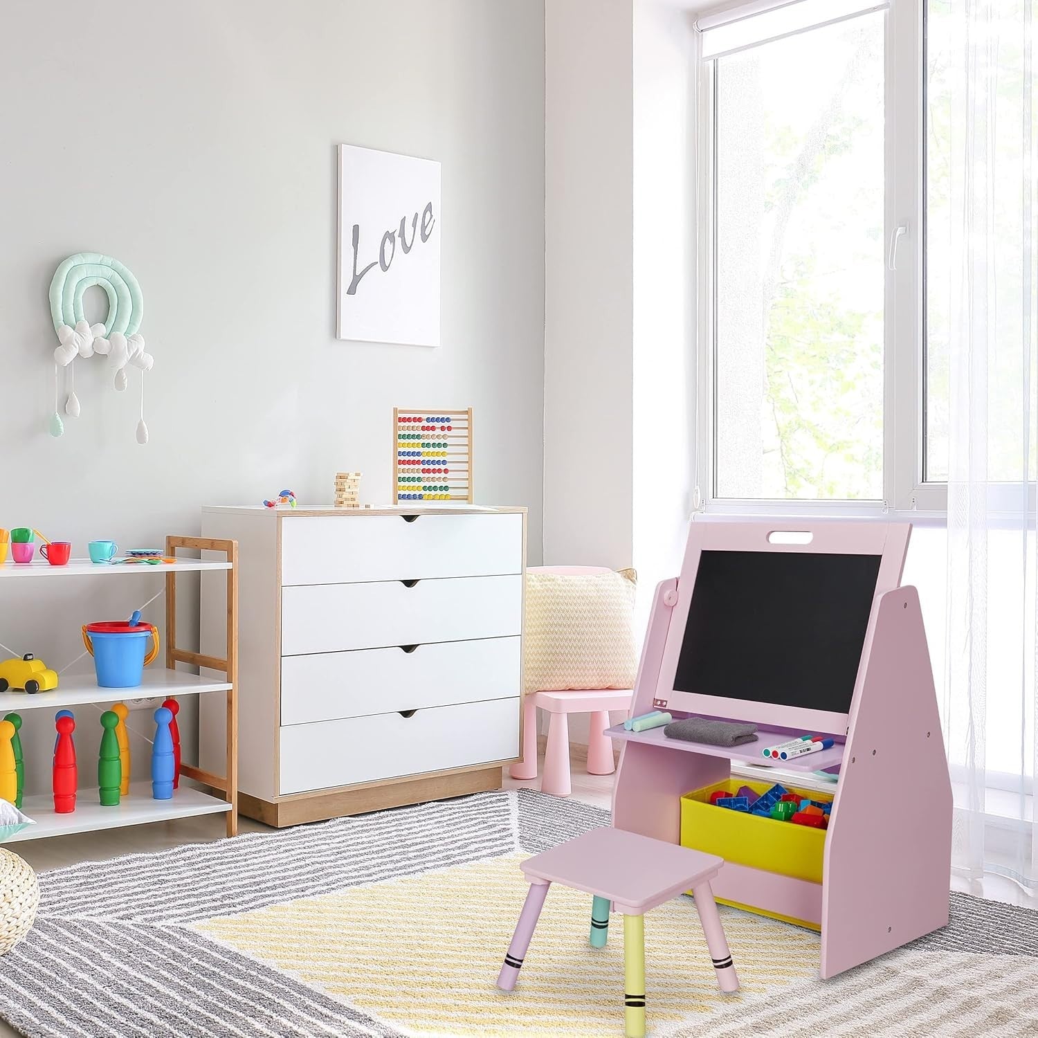 Kids 3in1 Furniture Set Toy Shelf Blackboard Whiteboard Stool Storage Pink