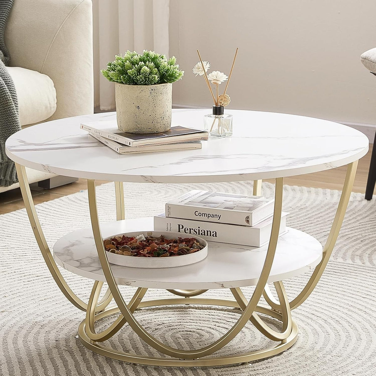 Modern Round Coffee Table White Marble 2-Tier Gold Frame 76x76cm Storage