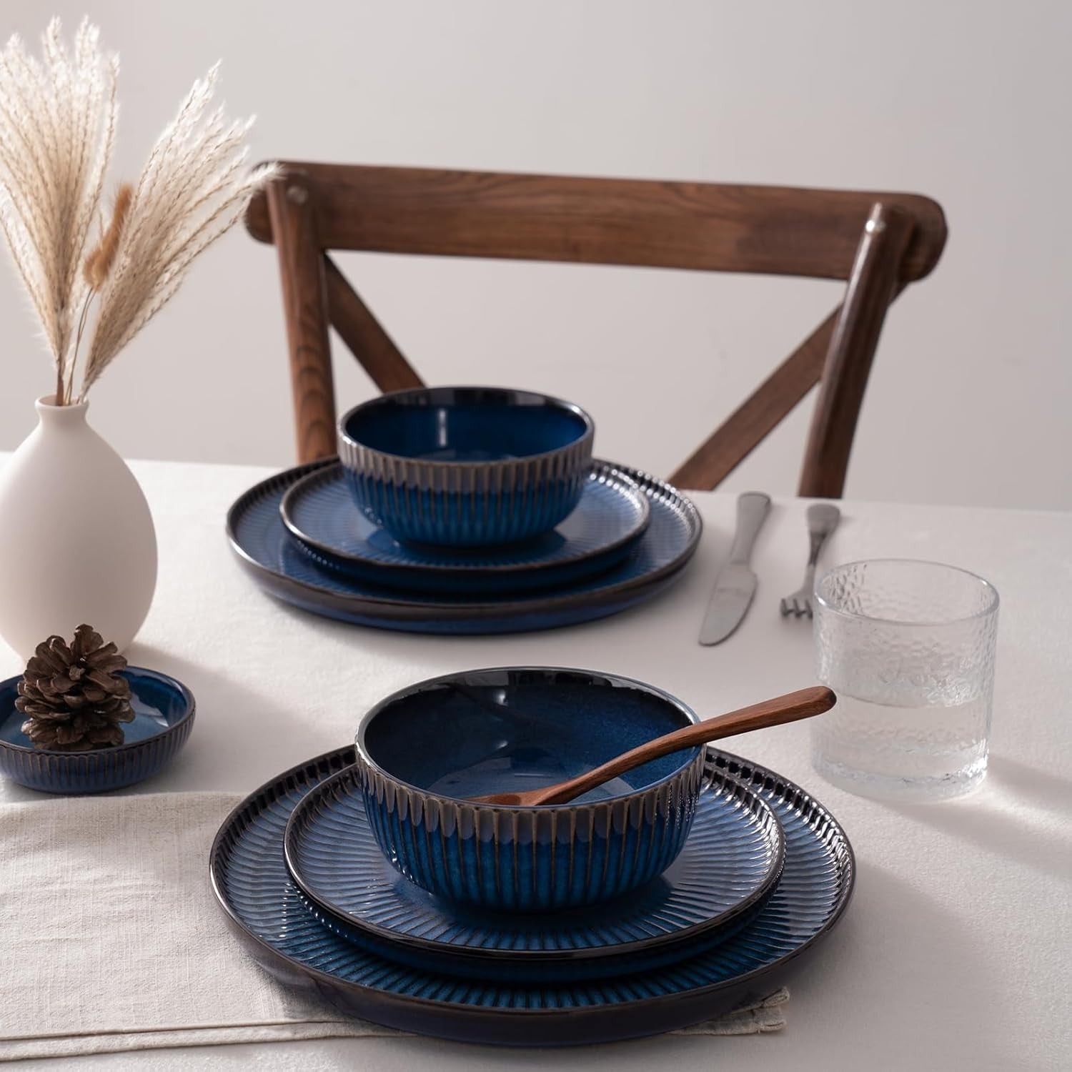 12 Piece Stoneware Dinner Set Bowls Reactive Glaze Dishwasher Safe
