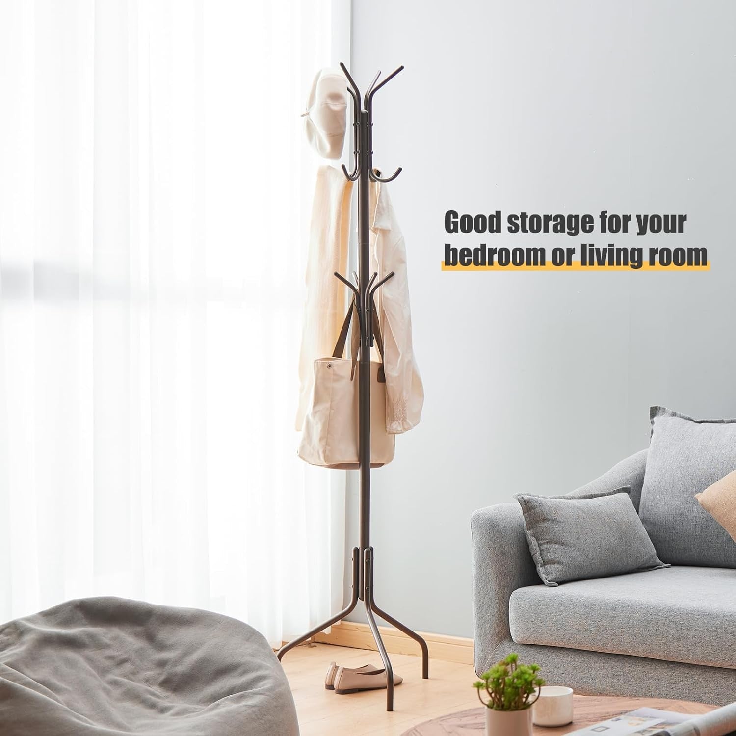 Freestanding Coat Rack with 12 Hooks | Brown Metal Hat & Scarf Stand