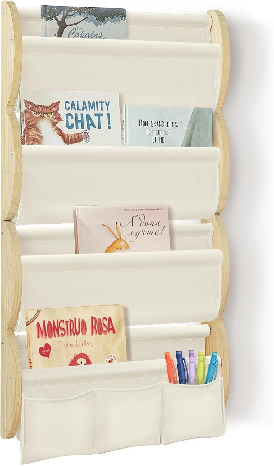 4-Tier Wall Mounted Kids Bookshelf with Fabric Sling & 3 Pockets, Cream