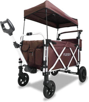 Brown All-Terrain 2-Seater Folding Kids Wagon Push Pull Stroller w/ Roof
