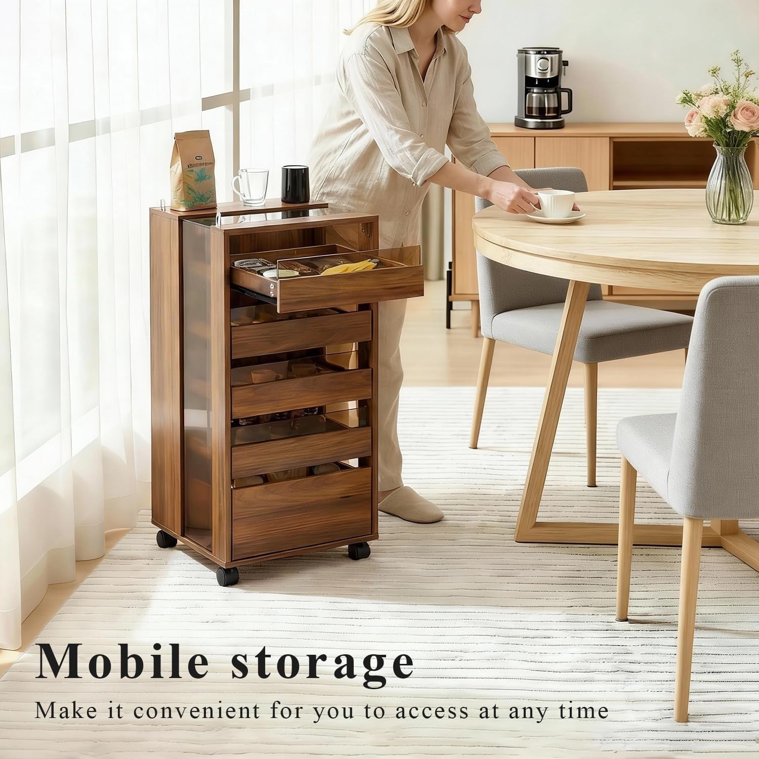 Glass Drinks Trolley on Wheels 5 Drawer Bar Cart Storage Cabinet Walnut
