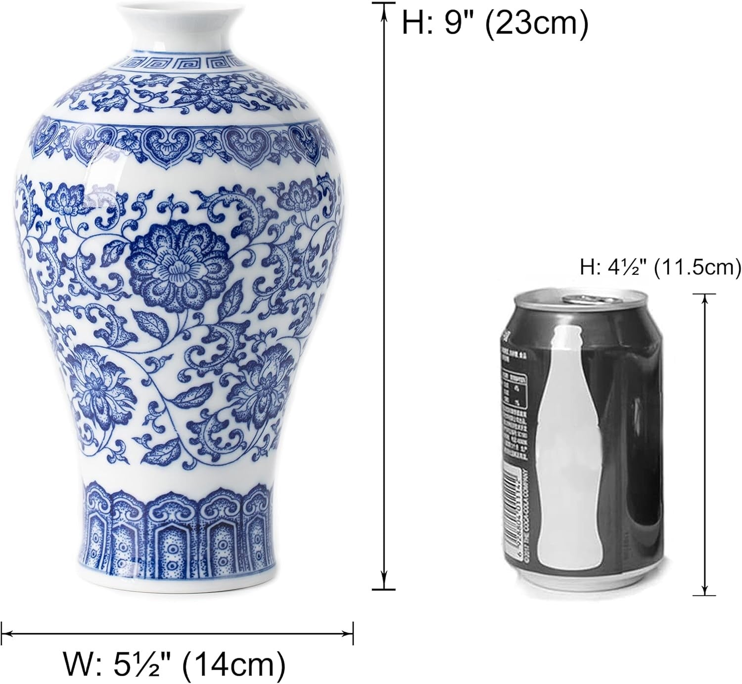Blue White Ceramic Vase Chinoiserie Floral Table Centerpiece 9 Inch