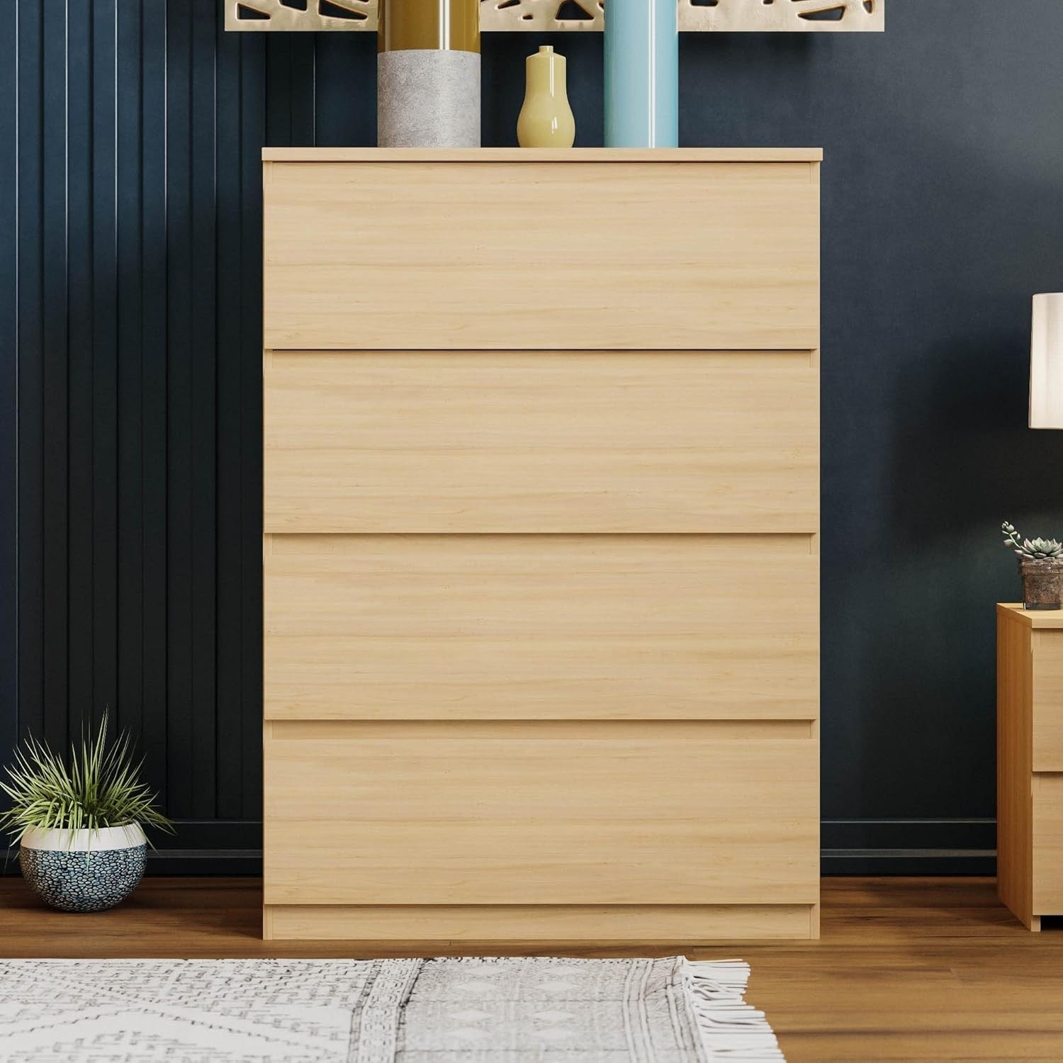 Modern 4 Drawer Chest Pine Wood Storage Unit – Slim Bedroom Dresser