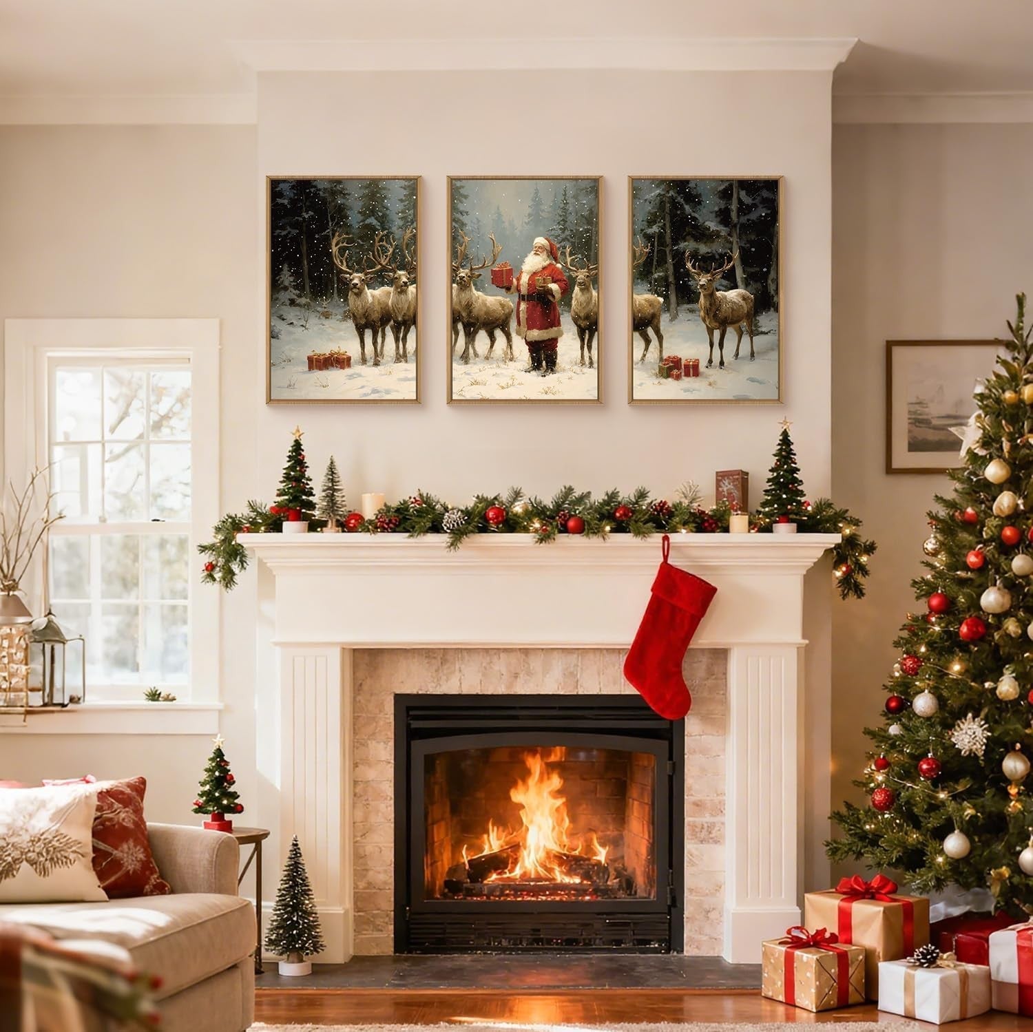 Christmas Wall Art Framed Canvas Set 3 Santa Reindeer Winter Holiday Decor
