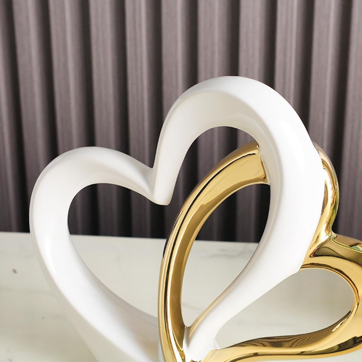 White Gold Double Heart Ceramic Sculpture Modern Luxury Home Decor Ornament Gift