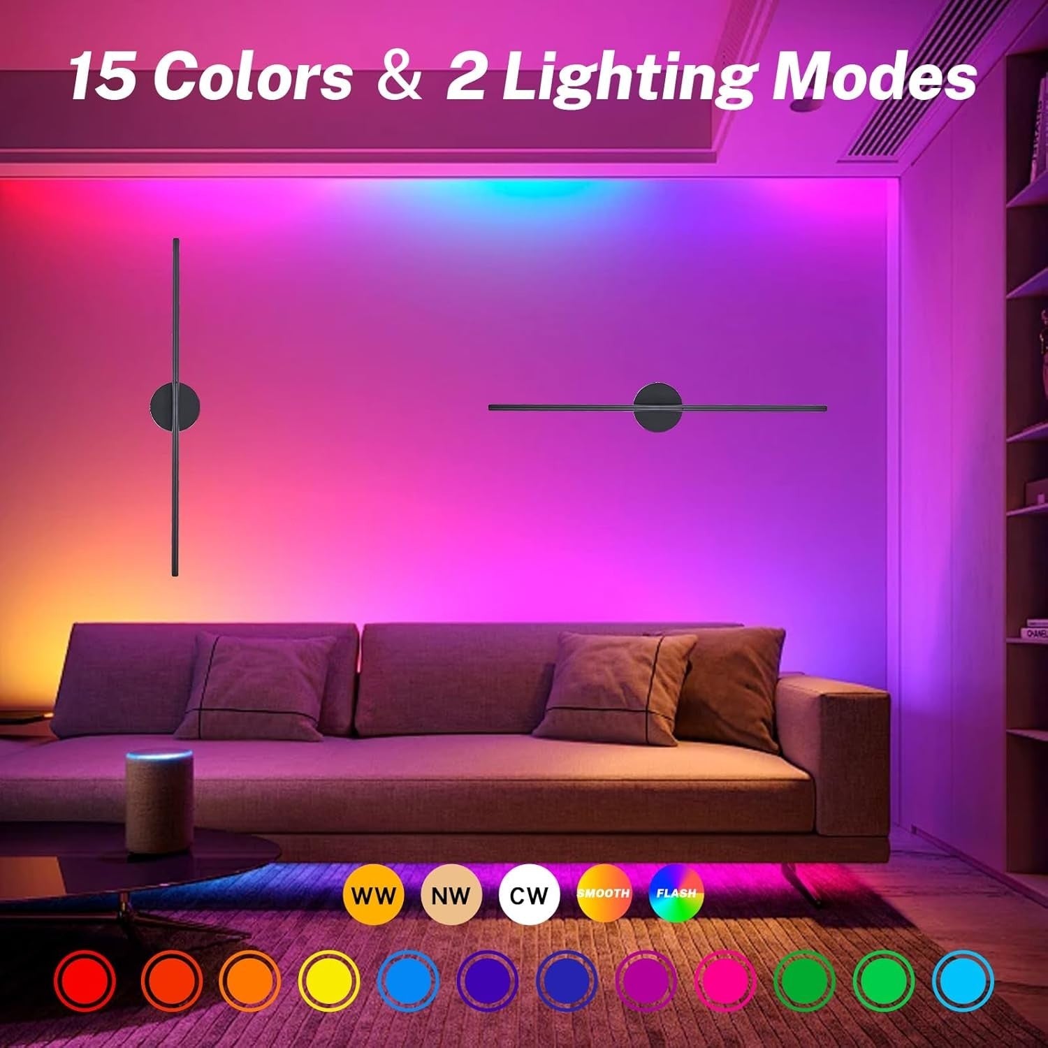 Wireless LED Wall Lights Set of 2 Rechargeable 15 Colors Remote 80CM