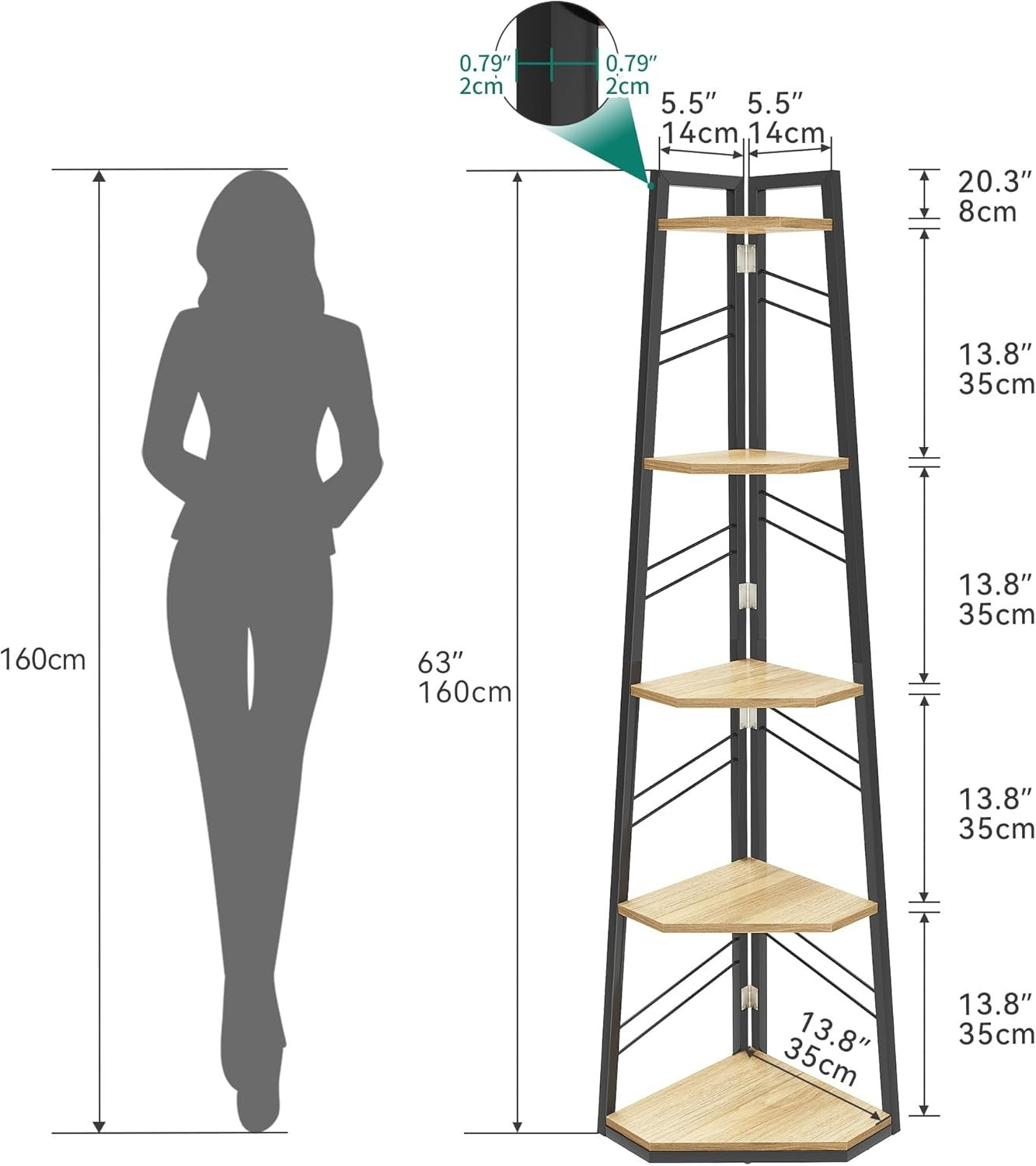 5-Tier Corner Bookshelf Industrial Ladder Shelf Tall Slim Display Unit for Home
