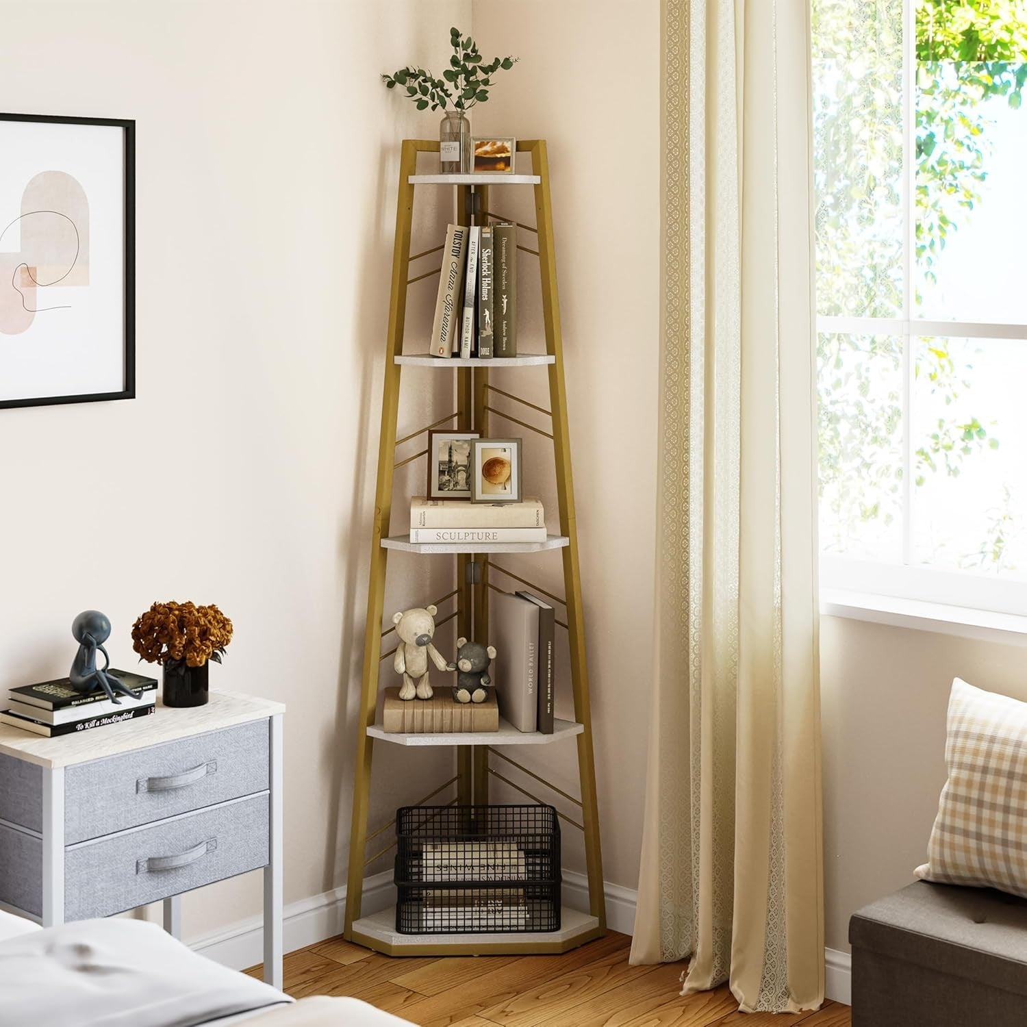 5-Tier Industrial Corner Bookshelf Ladder Unit | Space-Saving Display Shelf