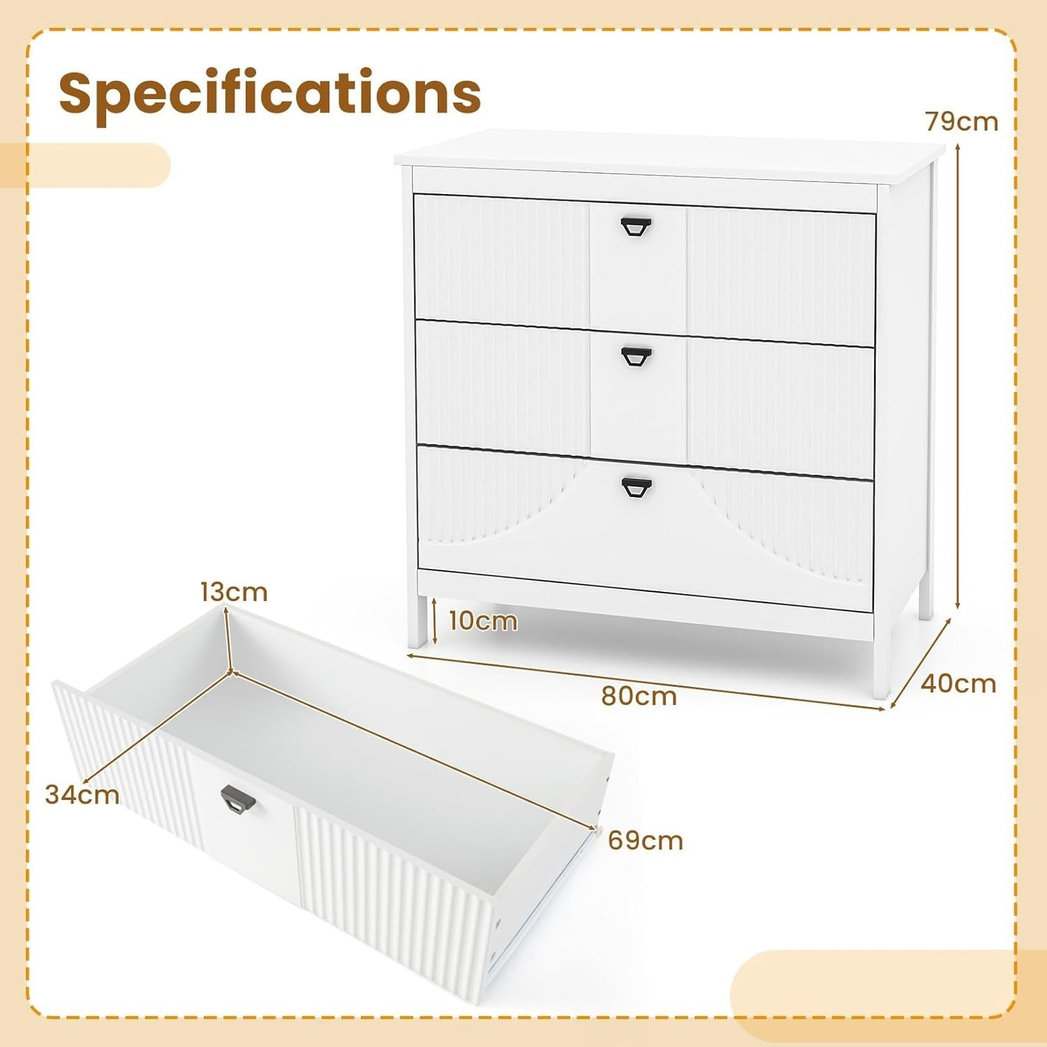 3-Drawer White Wooden Chest Dresser Storage Cabinet for Bedroom & Living Room