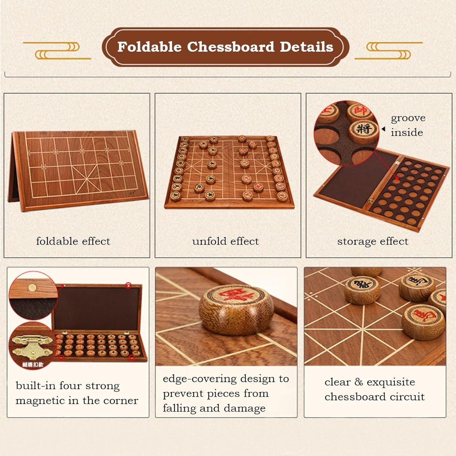 Rosewood Xiangqi Travel Chess Set Foldable Board 2 Player Strategy