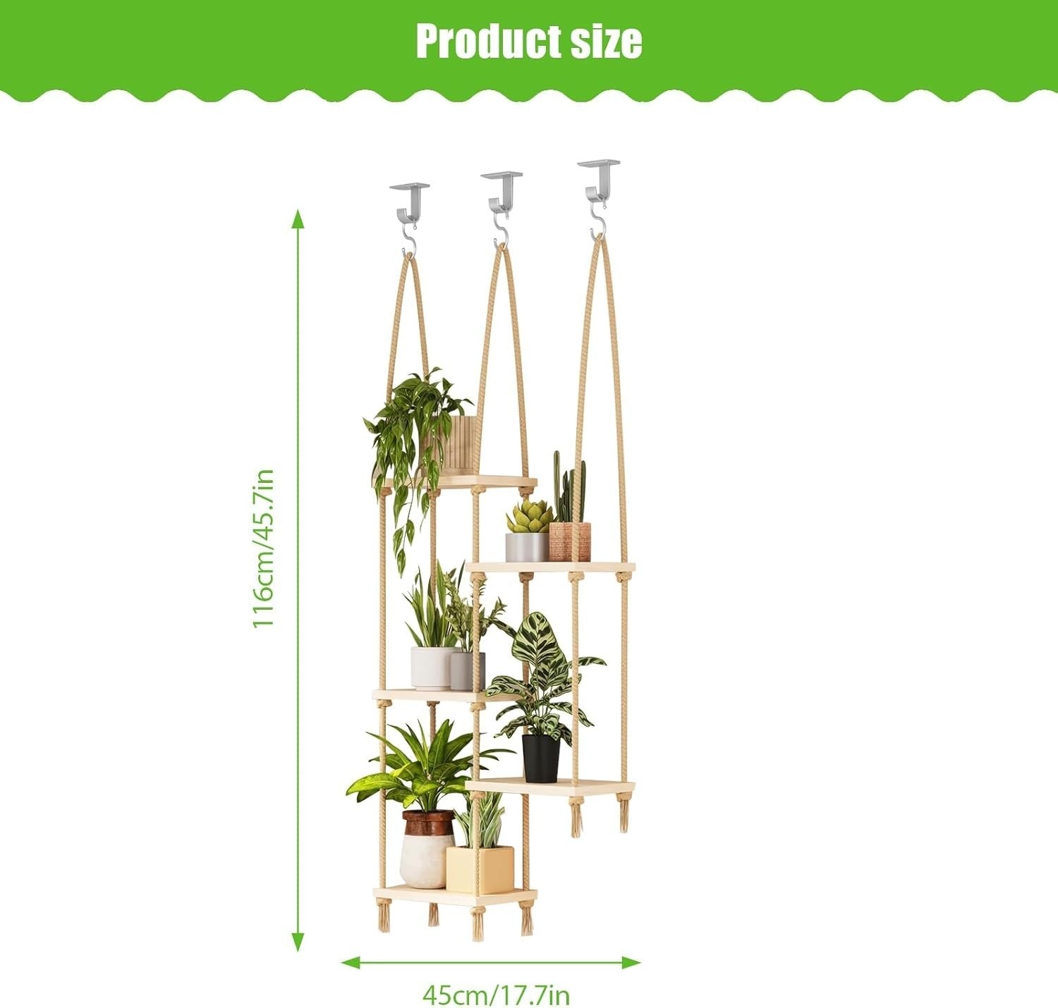 Boho Hemp Rope & Wood Hanging Shelf 5-Tier Wall Display