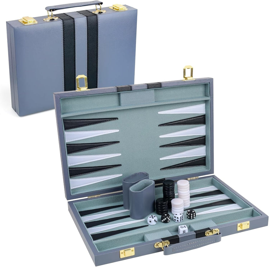15 Inch Backgammon Set Leather Case Portable Travel Board Game 2 Players