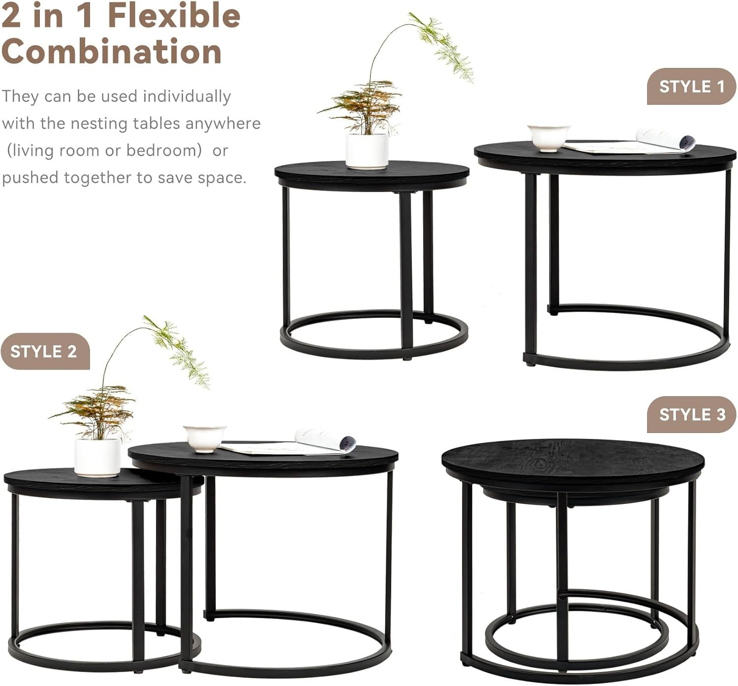 Round Nesting Coffee Tables Set of 2, Storage Shelf, Metal Frame, Modern
